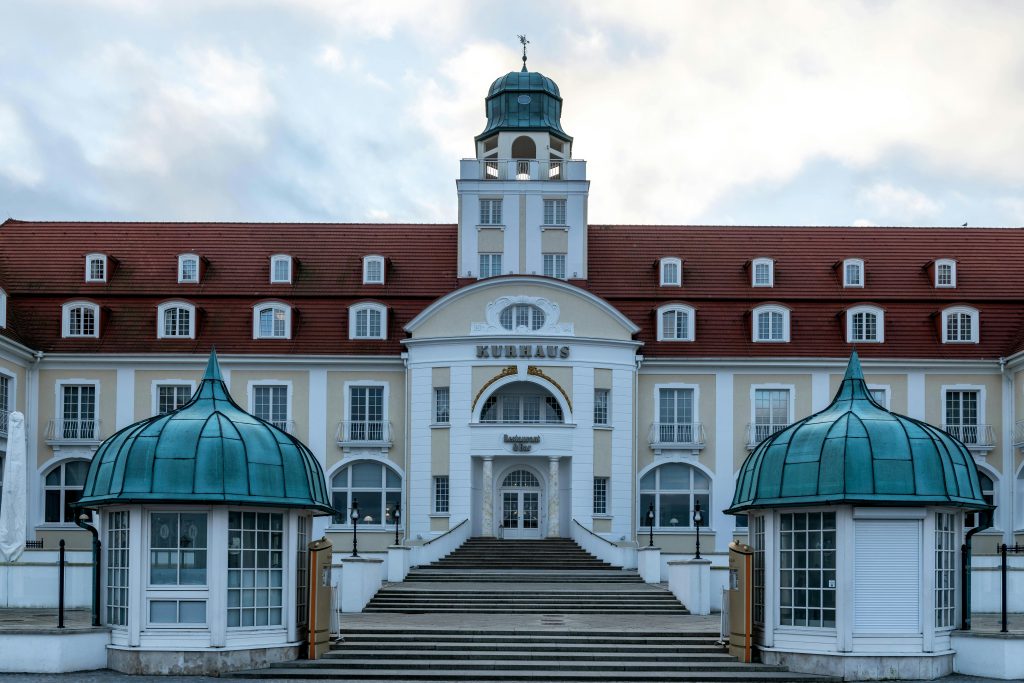 Elegant Kurhaus building in Binz, Germany showcasing classic seaside architecture.
